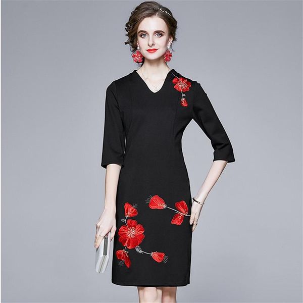 

vintage bordir gaun bunga tiga kuartal lengan hitam gaun pesta landasan pacu kantor wanita v-leher lutut b765, Black;gray