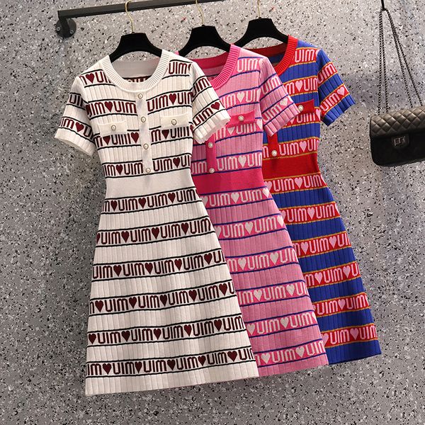 

ehqaxin 2021 summer new plus size women's style knitwear dress fashion korean round neck short sleeve button letter floral elegant dres, Black;gray