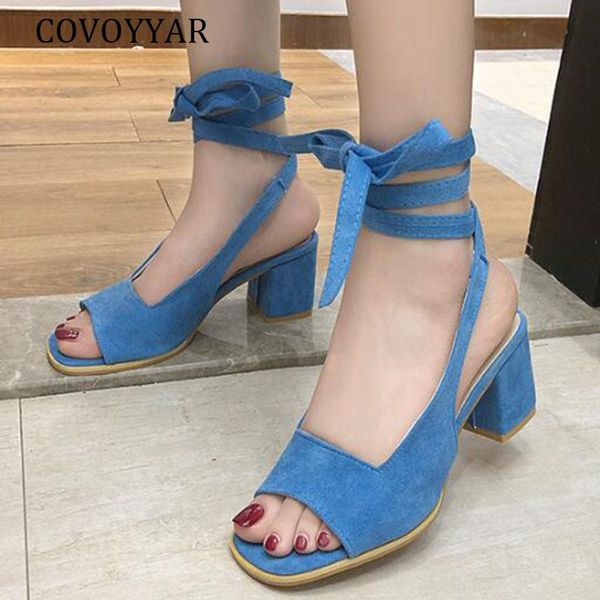 

covoyyar women sandals 2021 summer high heels cross-tied flock pumps lace up ankle strap party shoes woman big sizes whh162, Black