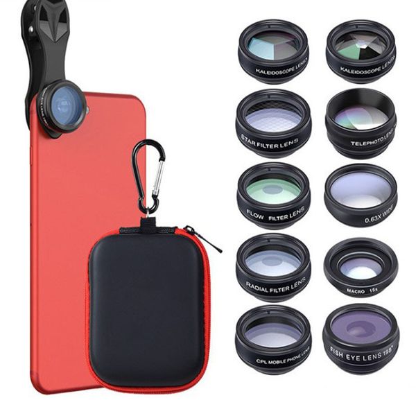 

universal 10 in 1 wide angle macro mobile phone lens kits fisheye lens 2x telep cpl lens for iphone samsung huawei