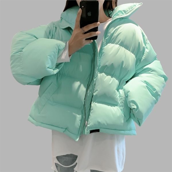 Frau Parka Brot Mäntel Warme Solide Grün Rosa Kurze Jacke Koreanischen Stil Lose Dicke Outercoats Puffer Elegante Tops Winter 210204