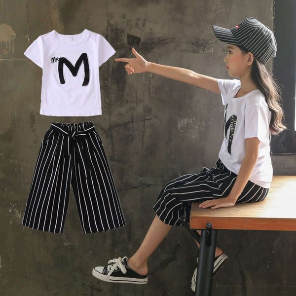 

2021 leg pants summer new wide girls' foreign sle cloth fashion children's short sve two piece suit, White
