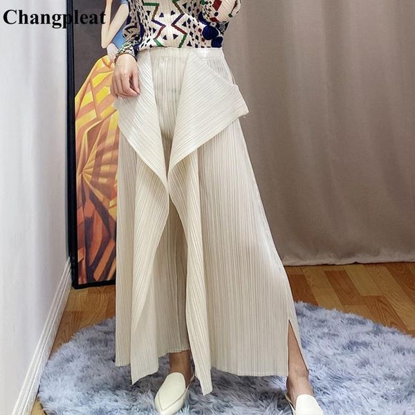 

women's pants & capris changpleat spring summer women wide legged miyak pleated fashion design solid loose large size elastic waist p79, Black;white