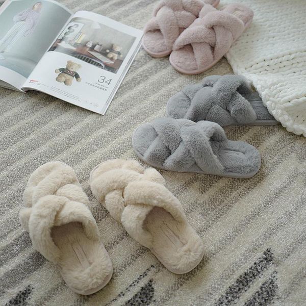 

slippers house women's cross band sandals soft plush flip flop open toe flats ladies cozy fluffy slip on fuzzy slides, Black