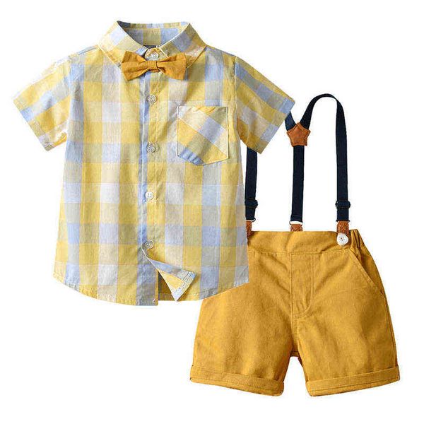 Kids Wedding Roupas Conjuntos de Verão Bebê Meninos Cavalheiro Conjuntos de Roupas Lattice Camisa de Manga Curta Tops + Bow + Suspender Shorts G220310