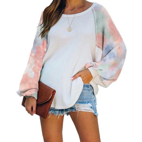 

women's t-shirt autumn and winter tie-dye printing long-sleeved round neck sweater loose korean trend commuter top, White