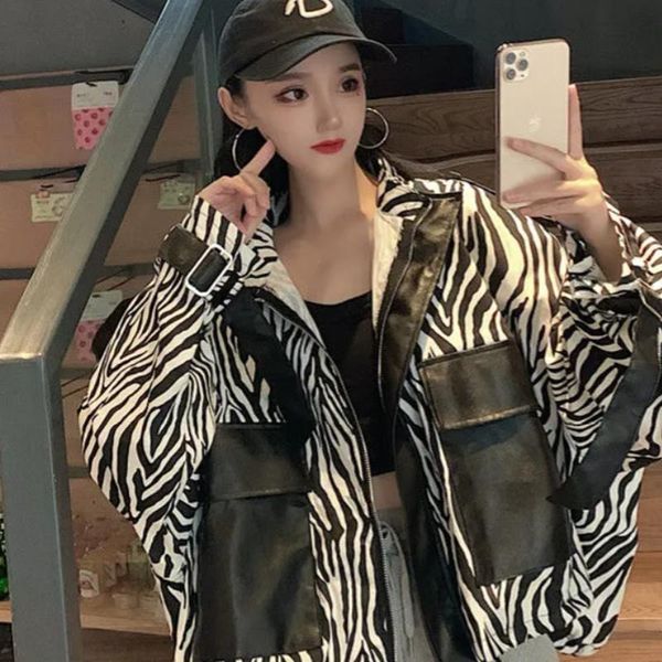 

women's vests autumn leather jacket women loose zebra pattern stitching personalized big pocket coat streetwear fashion outwear, Black;white
