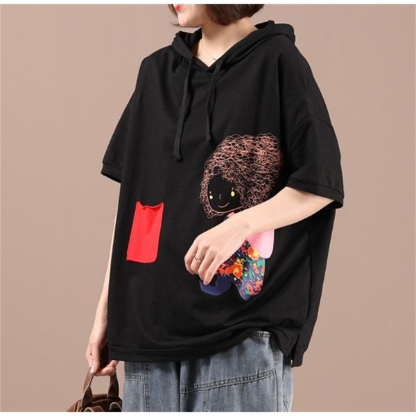 

summer new loose art girl's printed hooded sweater women's short sleeve t-shirt casual 5506, Black