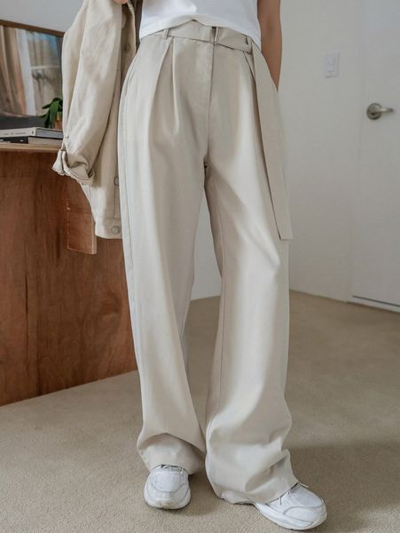 

dazy high waist fold pleated belted pants b1yl#, Black;white