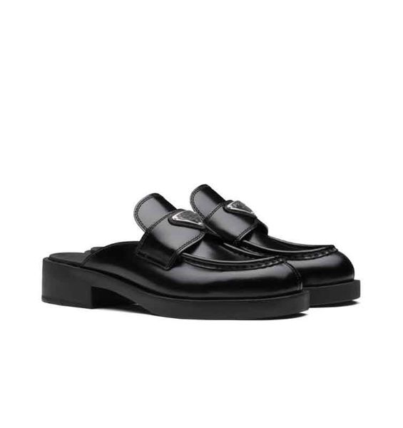 

white black brushed leather sandals flats slip on mules footwear metal triangle rubber outsole casual comfort walking with box,eu35-40