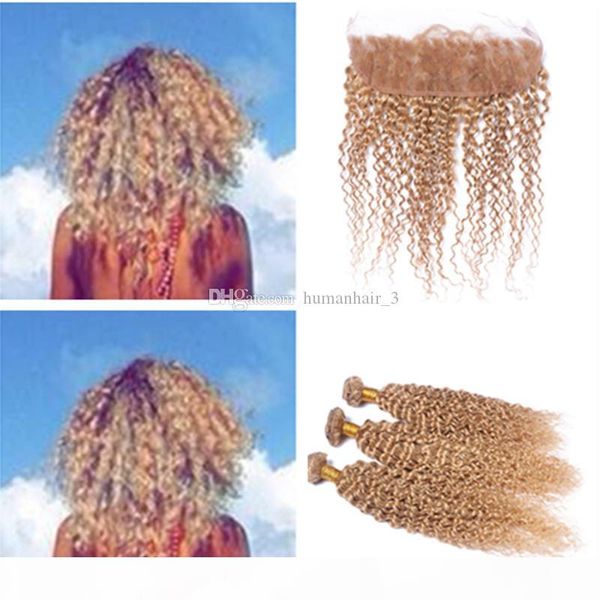 

#27 honey blonde curly hair with lace frontal hair bundles with lace frontal kinky curly hair weaving 4pcs lot, Black;brown