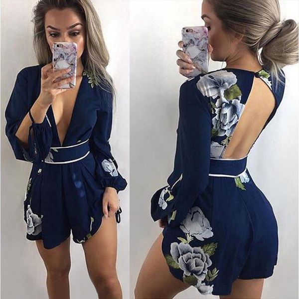 

fashionable one piece shorts womens jumpsuits spring v neck open back flower print long sleeve, Black;white