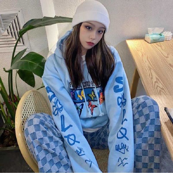 

korea ulzzang casual fashion big size butterfly vintage hip-hop women loose hooded sweatshirt harajuku letter 210608, Black