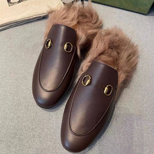 Luxus-Designer-Baotou-Hausschuhe, Damenschuhe, neue Herbst- und Winterwolle, Metallschnalle, flacher Boden, Stickereidruck, halbfaule, einstufige Mode, hohe Qualität