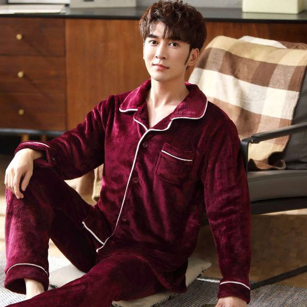 

pajamas thickening flannel men's long sleeve home wear plus size leisure autumn winter suit, Black;brown