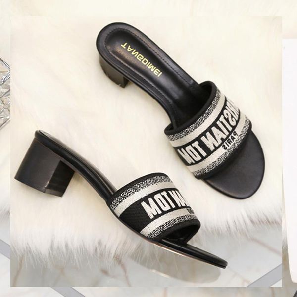 

slippers classic embroidered letter ladies holiday beach french high heel women shoes 5 cm, Black
