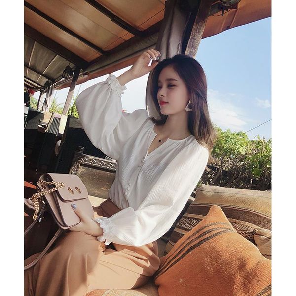 

2021 mishow autumn chic style daily causal blouse women white microscopic lantern sleeve blouse mx18c4590