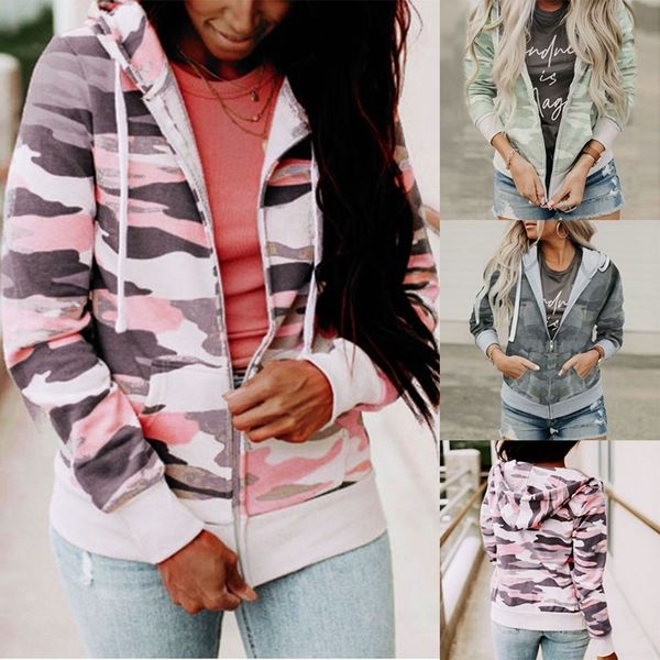 

women fashion camouflage printed pocket hooded rits long mouw jacket, Black;brown