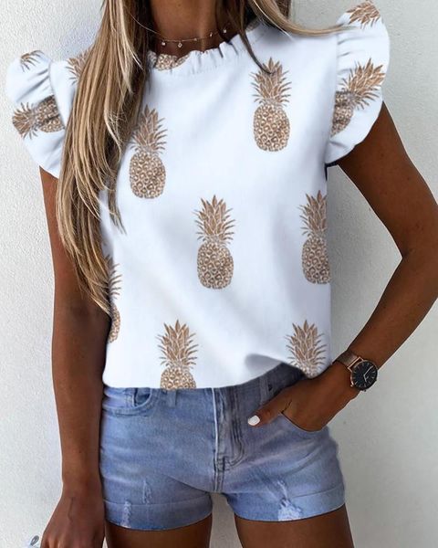 

women pineapple short sleeve floral print ruffle blouse 2021 summer butterfly sleeve shirt office lady blusa streetwear, White