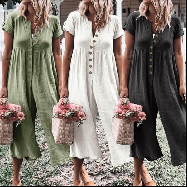 

celmia 2021 summer womens jumpsuits plus size vintage rompers casual buttons playsuits loose wide leg pants female bib overalls, Black;white