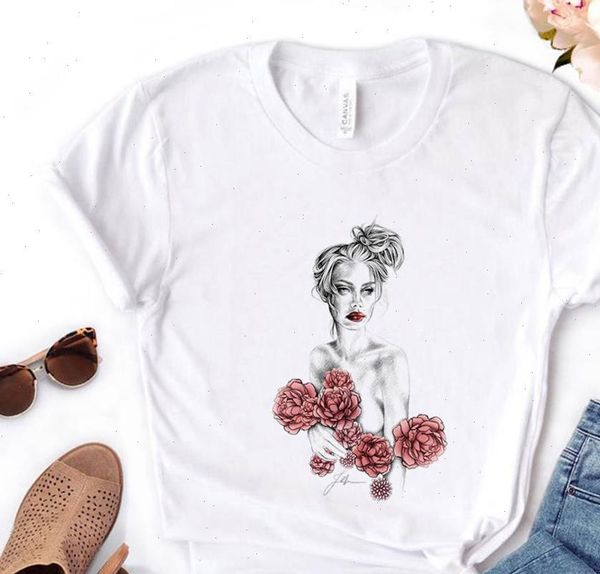 

women t shirt hand draw flower girl print tshirt women short sleeve o neck loose t shirt causal tee shirt clothes, White