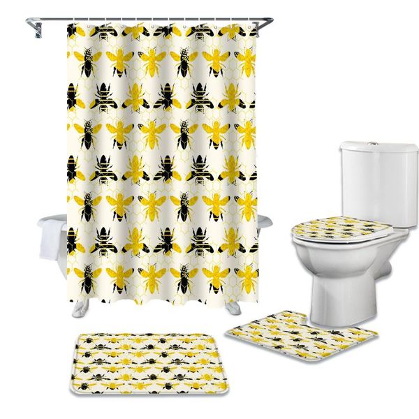 Tende da doccia Modello di riempimento ape Set di tende gialle Tappeti antiscivolo Coperchio del coperchio del water E set da bagno per tappetino da bagno