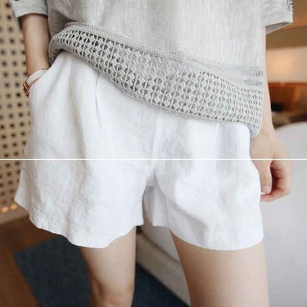 

women summer shorts loose cotton linen large size white elastic waist casual streetwear 210603, White;black