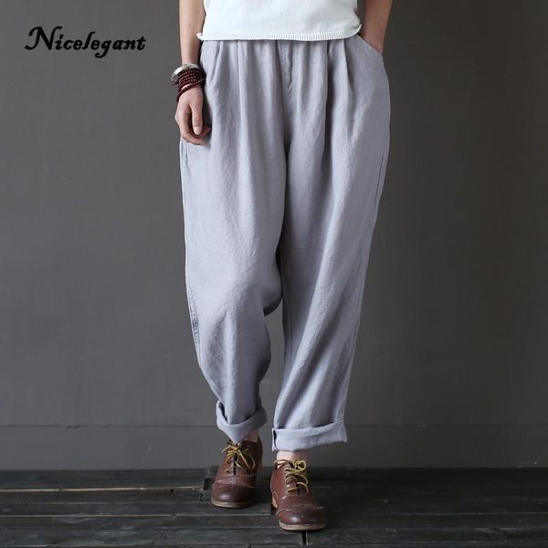 

women's pants & capris 2021 spring summer art harem solid loose pockets vintage linen plus size femme women trousers, Black;white