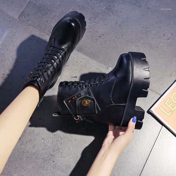 

punk boots women leather platform chunky sneakers autumn 10cm wedge heels mid-calf woman winter fur warm motorcycle, Black