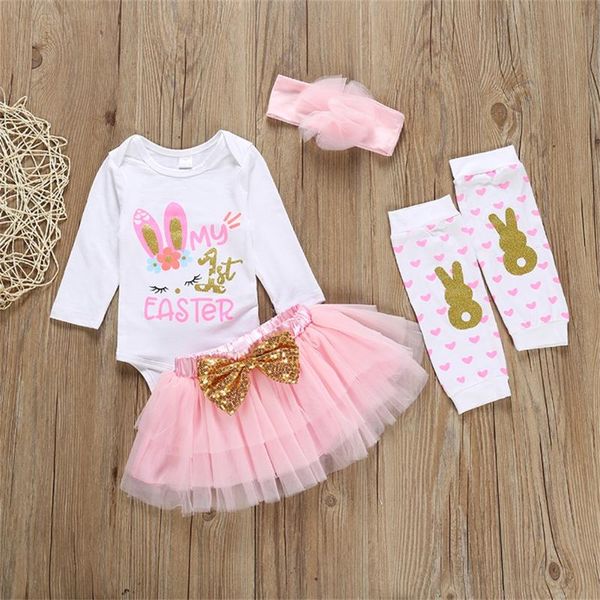 

my 1st easter outfits newborn baby girl long sleeve print romper tulle skirts headband legs 4pcs clothes sets for 0-18m, White