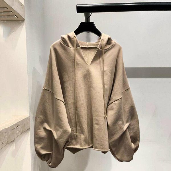 

women's hoodies & sweatshirts autumn casual ladies jacket cotton hoodie sweatshirt lantern sleeve oversized v-neck solid color clothes, Black