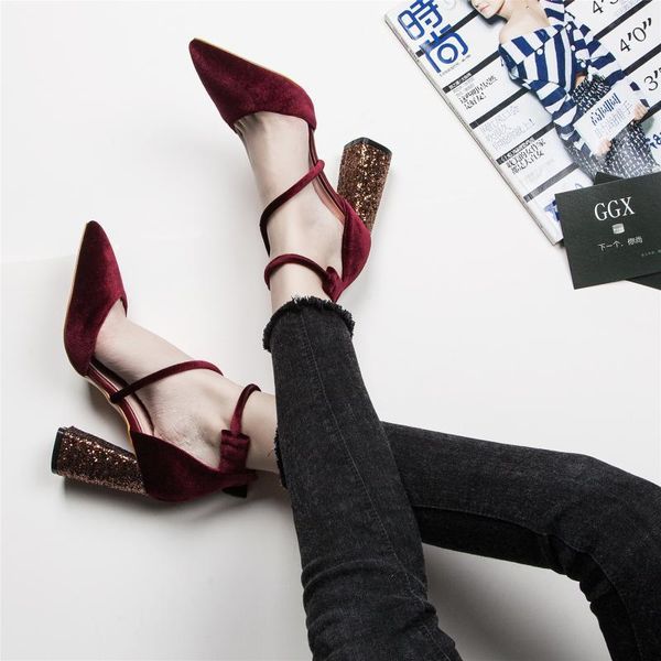

suede heel women's sandals pointed pumps word heel hollow black
