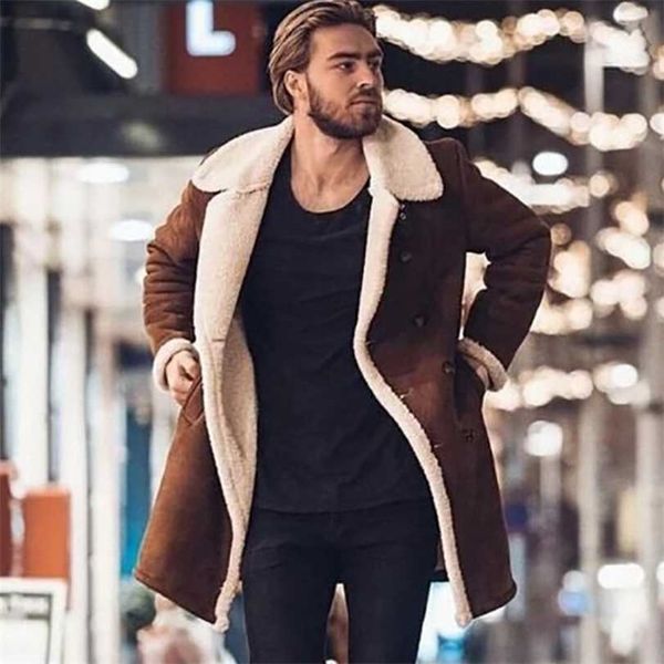 

autumn winter warm mens solid jackets fashion slim long sleeve button outerwear casual turn-down collar coat men streetwear 211214, Black;brown
