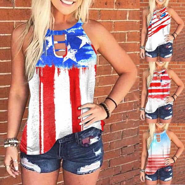 

women's tanks & camis american flag print women hollow out o-neck sleeveless tee 2021 summer casual female tank lady streetwear, White