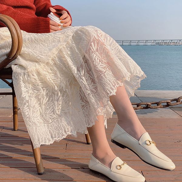 

2021 streetwear new office lady lace hollow out a-line gentle all match elastic-waist sweet women high waist long skirt 405s, Black