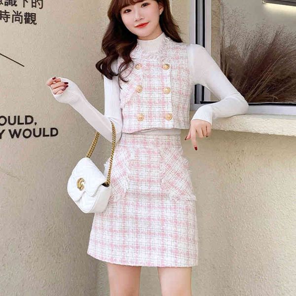 

two piece dress pequena fragrÃ¢ncia ternos outono novo francÃªs vintage 2 peÃ§a conjunto feminino tweed colete colheita superior + saias define, White