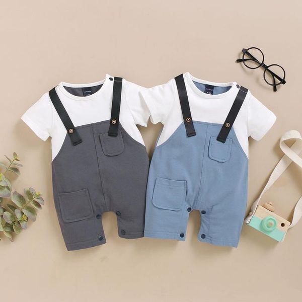 

jumpsuits bron infant baby boys gentleman romper summer short sleeve patchwork overalls jumpsuit playsuit clothes 0 to 13, Blue