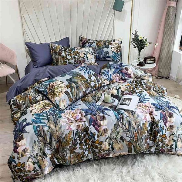 Cama de algodão egípcio puro conjunto tropical folhas flores tampa de edredão sedosa rainha suave cama king cama de cama colcha capa fronha 210721