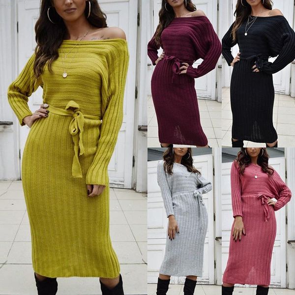 

casual dresses women long sleeve dress one-shoulder sweater winter christmas bandage, Black;gray