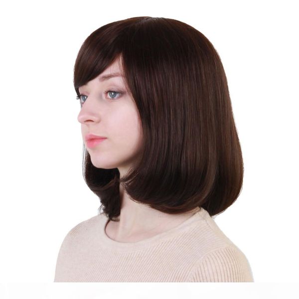 

women natural human hair wig maroon color - short straight hair wigs bob style with oblique bangs fringe - heat resistant 30cm, Black