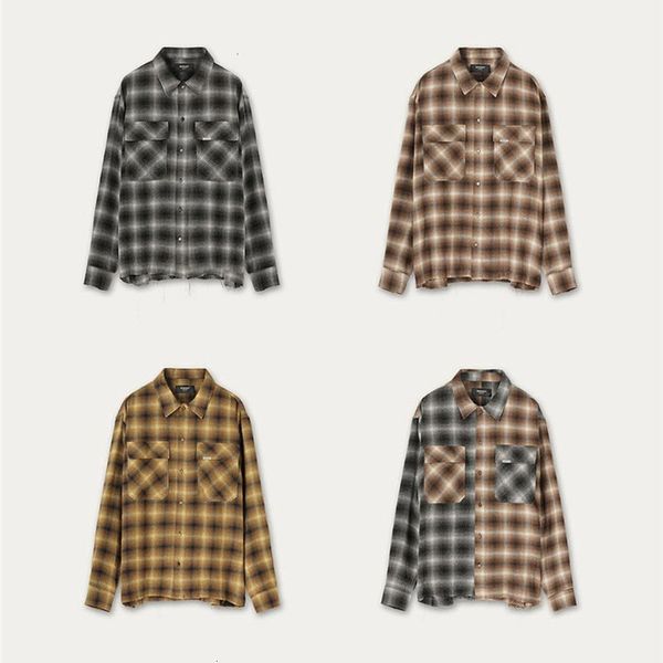 

2021 new flannel classic plaid handmade hem distressed represent long sleeve shirts high street metal cargo pocket 6ub4, Black;brown