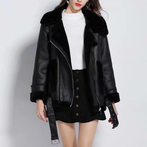 

women's leather & faux women 2021 fashion thick warm winter fur oversized jacket coat vintage long sleeve female outerwear chic, Black