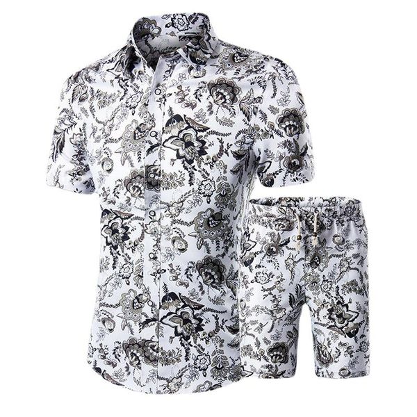 

men's tracksuits 2 pieces sets summer featured printing tracksuit men casual fashion floral print shirts+shorts set mens beach hawaiian, Gray