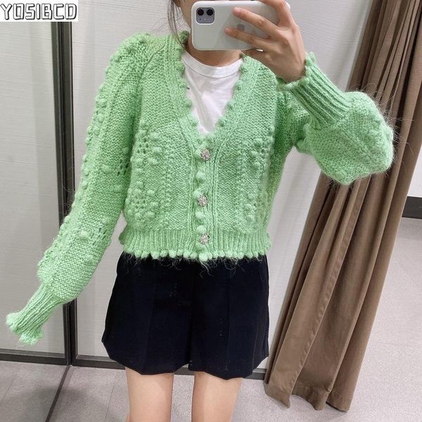 

yosibcd women 2021 fashion textured weave cropped knitted cardigan sweater vintage long sleeve button female outerwear chic top, White