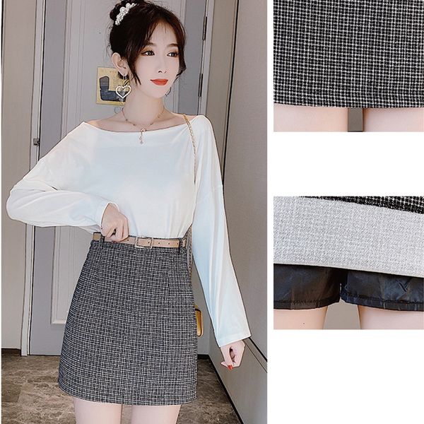 

2021 skirt autumn winter casual high waist midi with belt a line slim fit plaid skirts for women f66z, Black