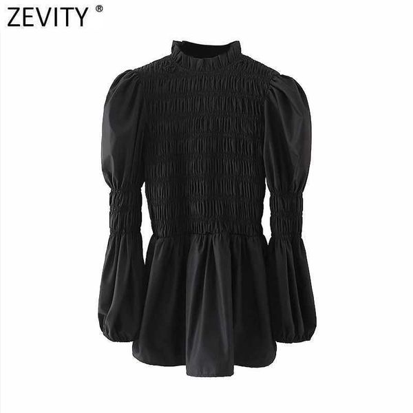 Zevity Frauen Vintage Stehkragen Plissee Schwarz Kittel Bluse Büro Damen Puff Sleeve Slim Shirts Chic Blusas Tops LS7516 210603