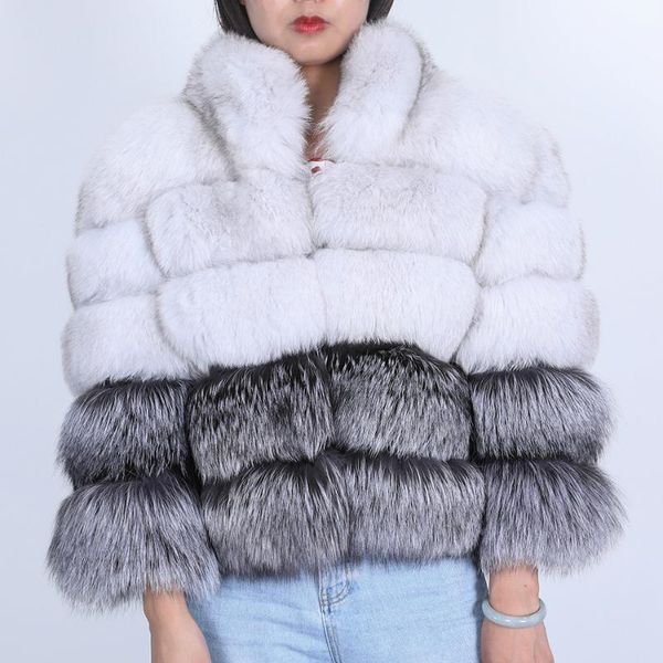 

women's fur & faux oftbuy 2021 real coat winter jacket women natural outerwear white silver patchwork streetwear stand collar, Black