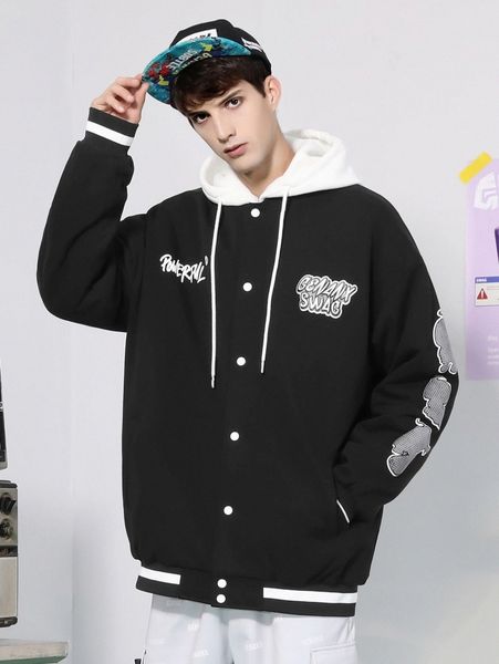 

men letter graphic contrast drawstring hooded jacket z8oz#, Black;brown