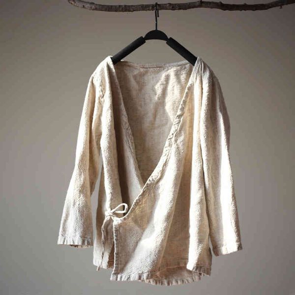 

women's jackets women linen coats belt v-neck seven sleeve 2021 autumn new vintage loose casual chinese style brief qk5x, Black;brown