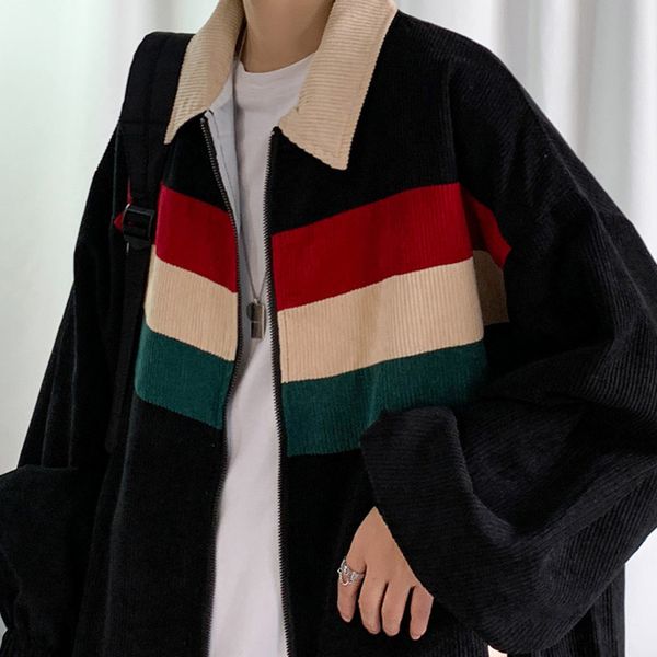 

2021 spring women corduroy turn down jacket lady patchwork casual jacket female streetwear loose hip hop jacket, Black;brown